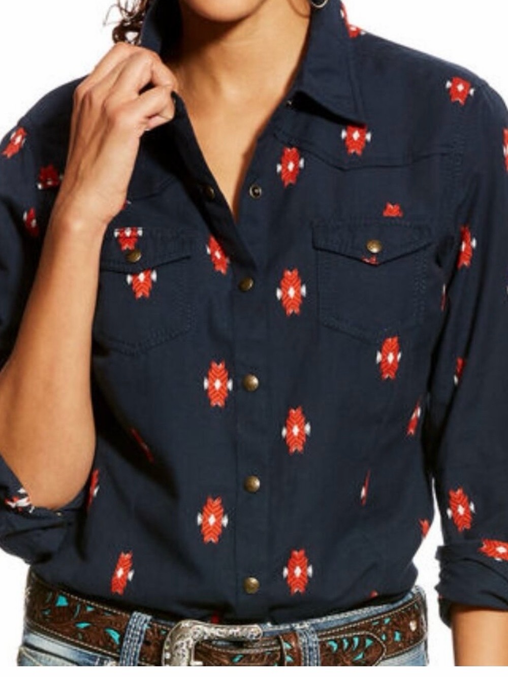 Ariat Western Chic Navy Embroidered Button-Down Shirt with Snap Buttons Sz S/P